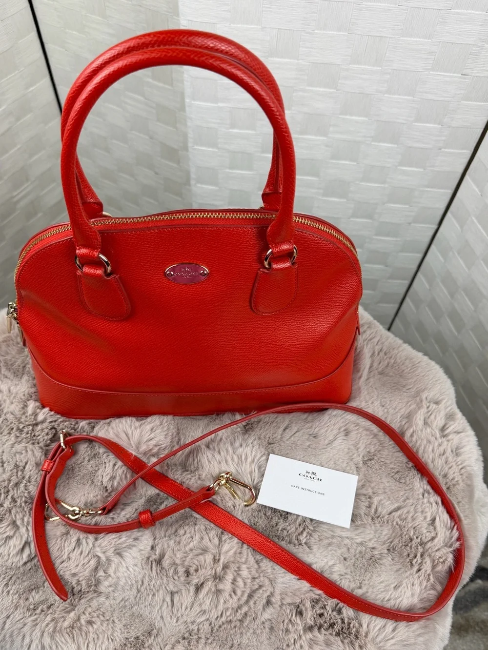 EUC!! Coach Cora Dome Satchel in Cardinal Red CrossGrain Leather. Gold hardware.